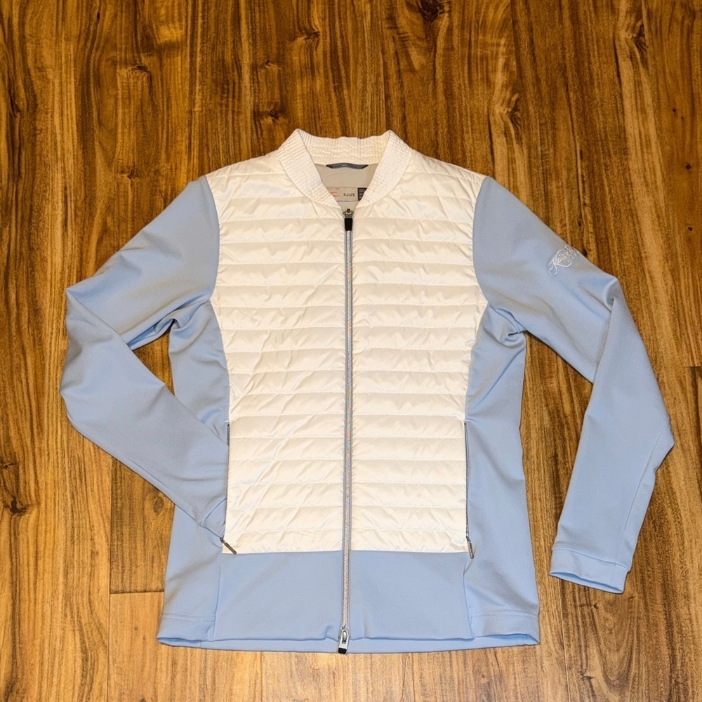 Kjus womens medium  jacket coat retention golf Blue White Quilted pockets nwot